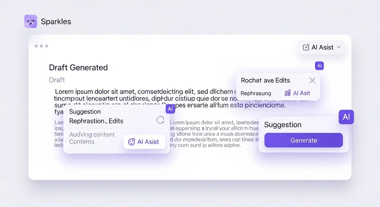 AI blog editor generating a draft article with sparkles and suggestion popovers