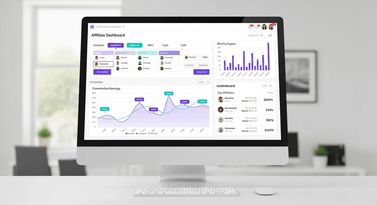 CRM and affiliate dashboard with kanban pipeline, commission earnings chart, and top affiliates leaderboard