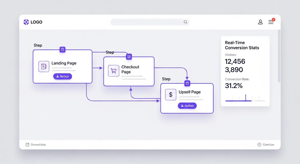 Drag-and-drop funnel builder showing landing, checkout, and upsell steps with real-time conversion stats
