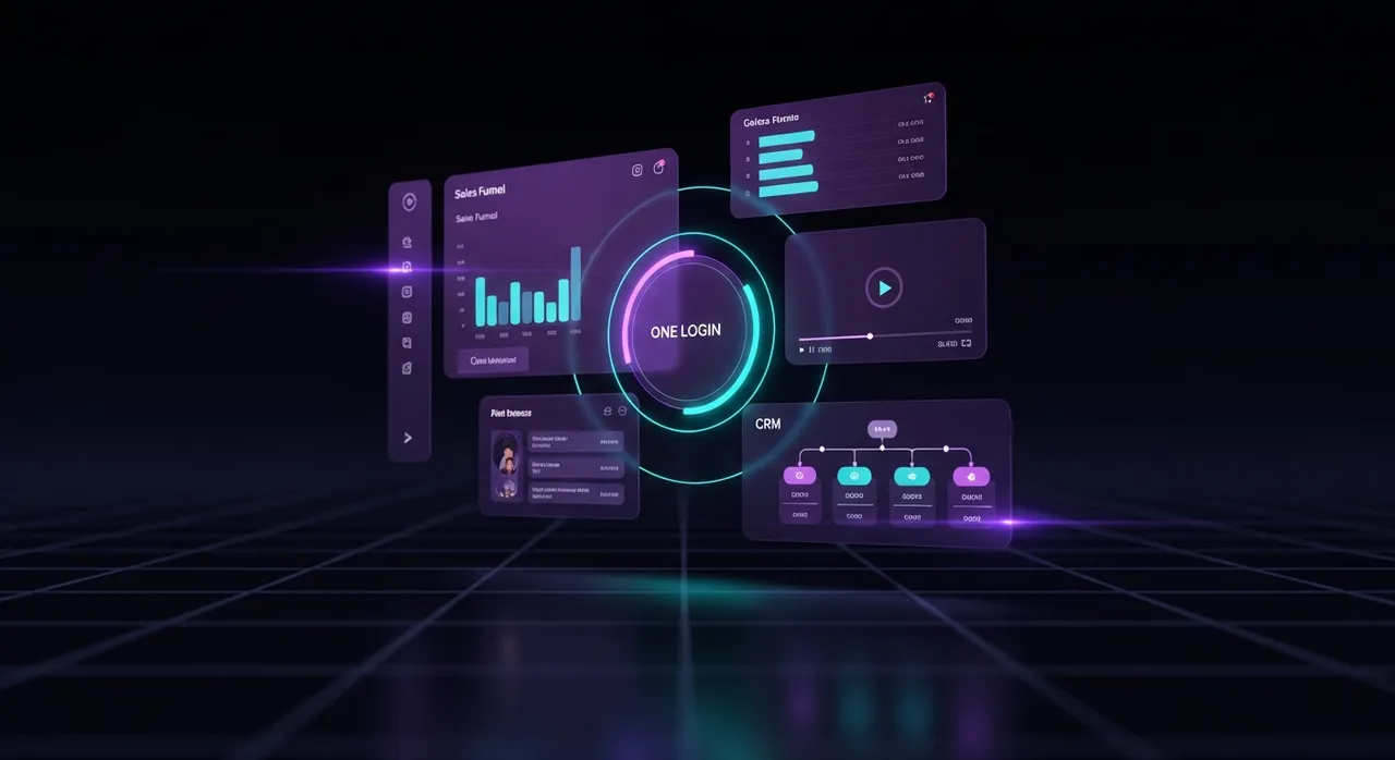 Monolith all-in-one business dashboard with funnel charts, video player, chat, and CRM pipeline orbiting a central core