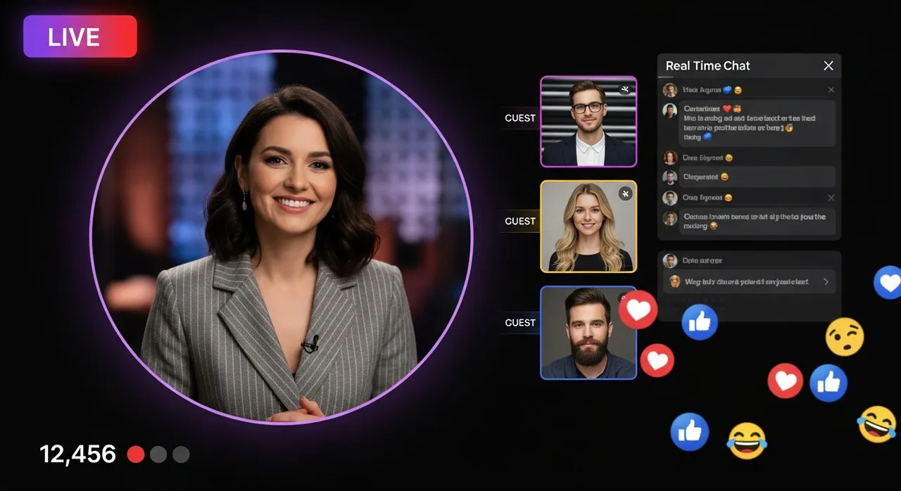 Live streaming interface with host on camera, three guest tiles, and real-time chat panel
