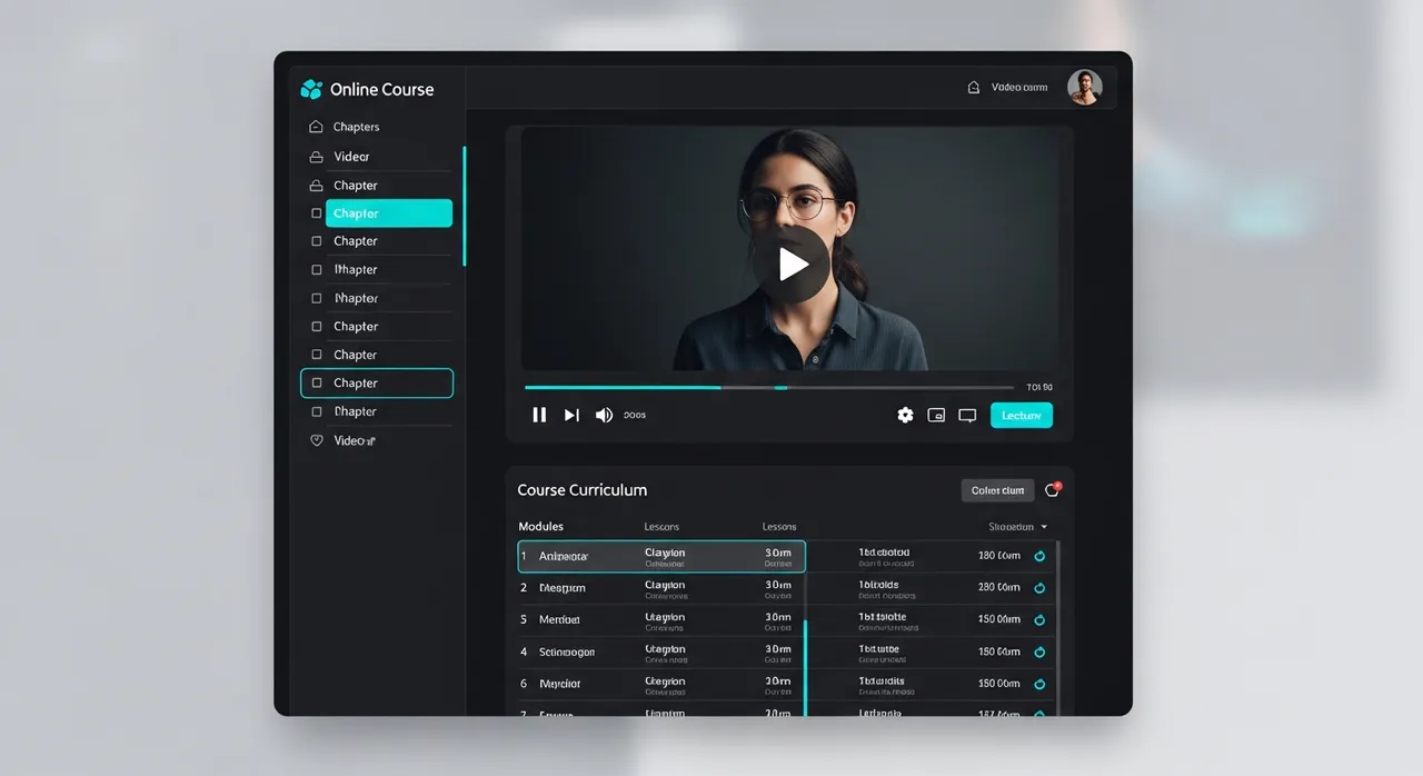 Video hosting platform with large player, chapters sidebar, and course curriculum